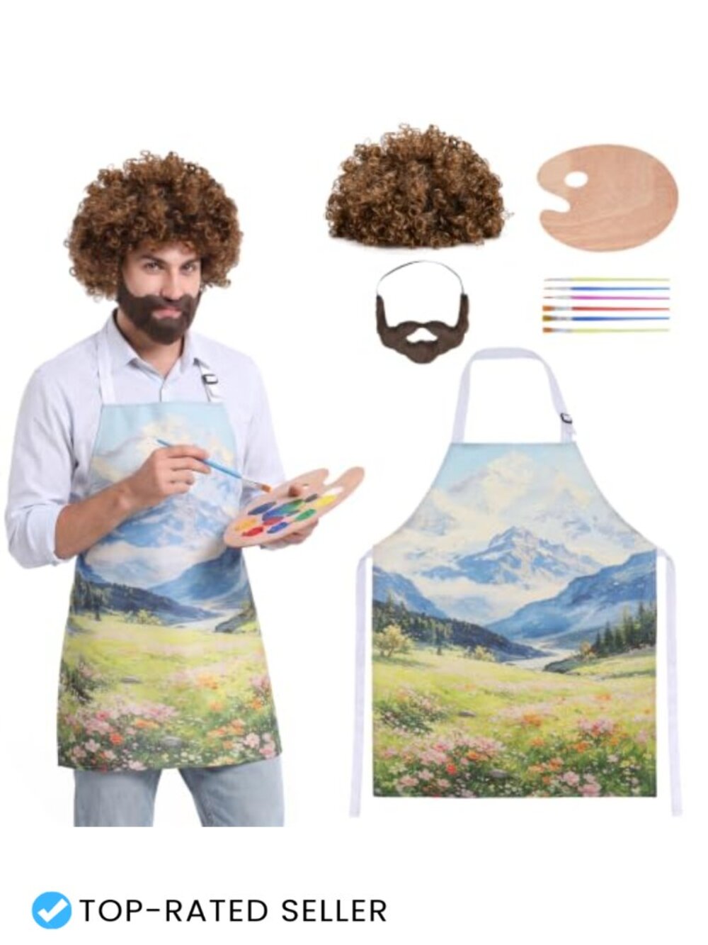 Adult 80s Painter Costume Set Afro Wig Beard Apron Palette Brushes Halloween
